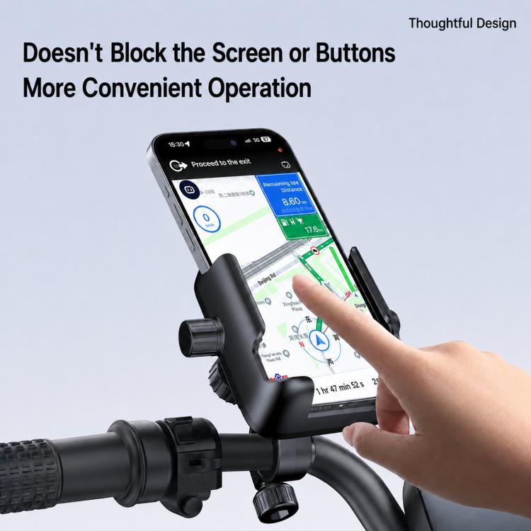 Motorcycle handlebar phone mount with open cradle for screen and button access
