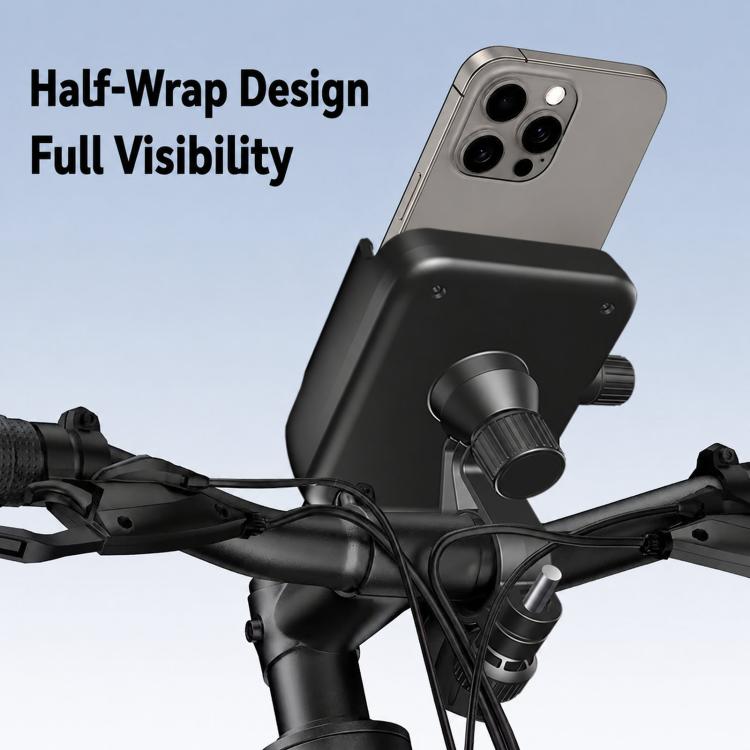 Black half-wrap motorcycle phone holder with adjustable arm and phone back visible