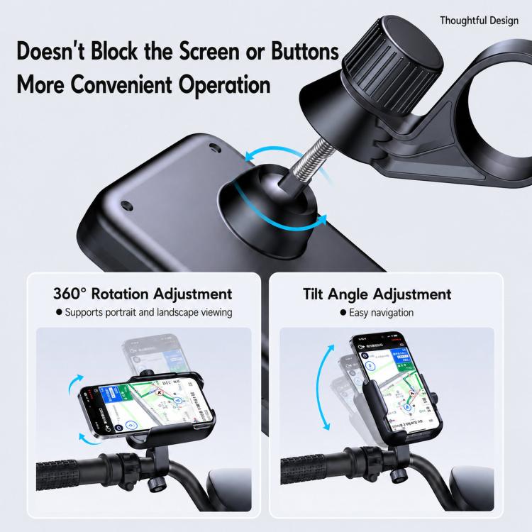 Black motorcycle phone mount with adjustable tilt and 360° rotation handlebar clamp