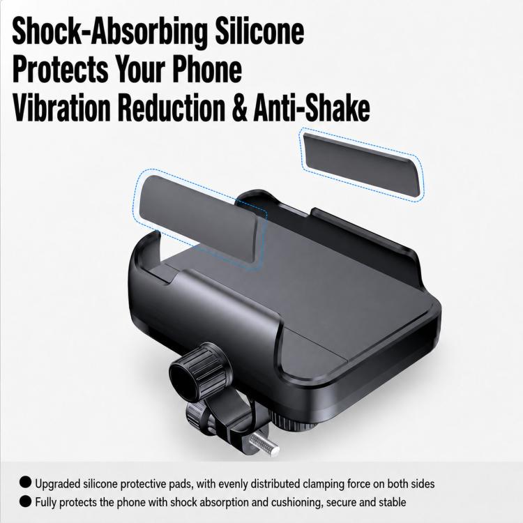 Shockproof silicone motorcycle phone holder cradle with clamping base, black