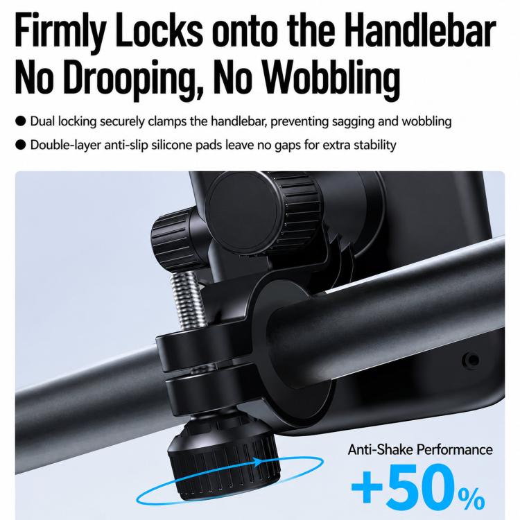 Black handlebar phone mount clamp with dual locking and anti-shake silicone pads