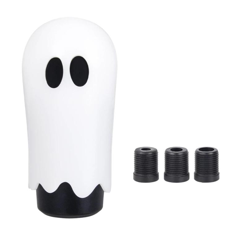 White ghost-style car shift knob cover with black oval eyes and scalloped base