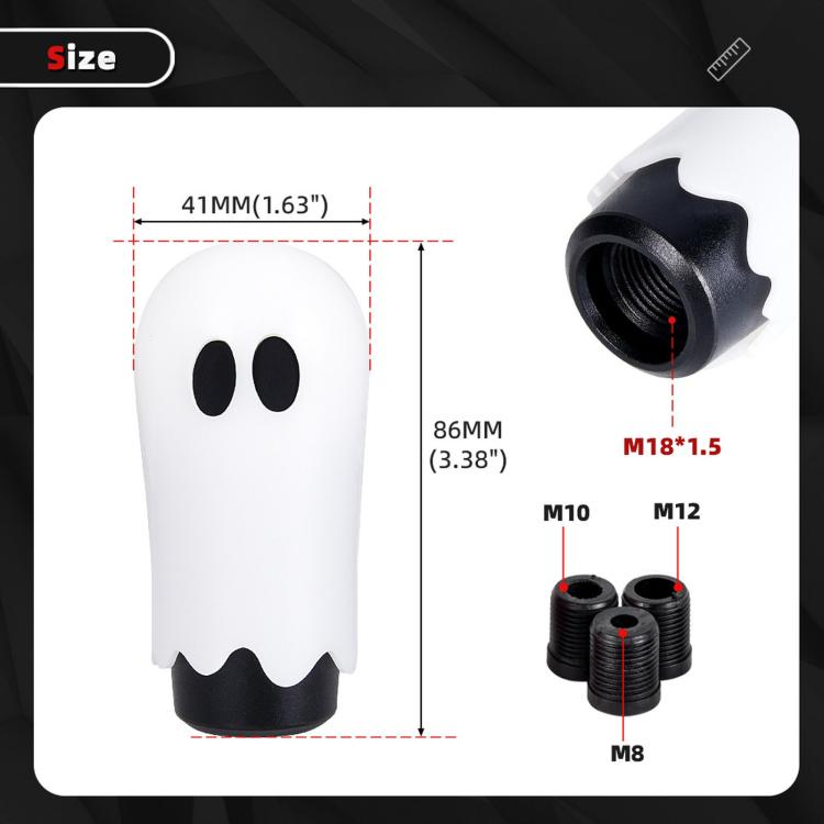 White ghost car shift head with black eyes, size diagram and thread insert detail