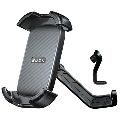 Black retractable motorcycle phone holder mount with gray textured grip pad