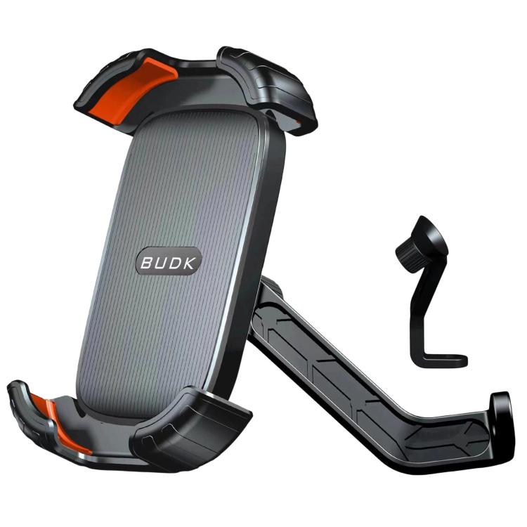 Black retractable motorcycle phone holder mount with gray grip pad and orange accents