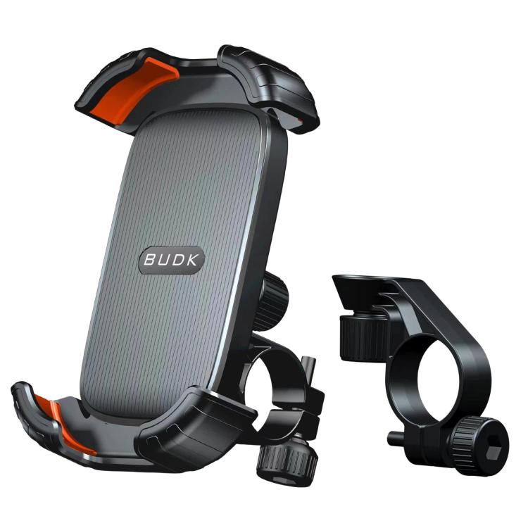 Black rearview mirror phone holder mount with orange-accented retractable cradle