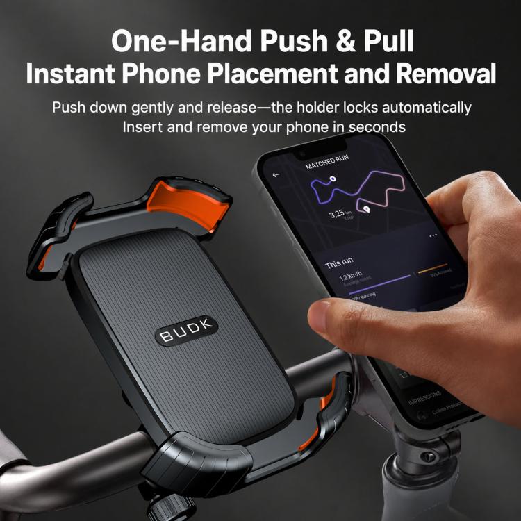 Orange-accented retractable phone holder mount with phone placed in the cradle