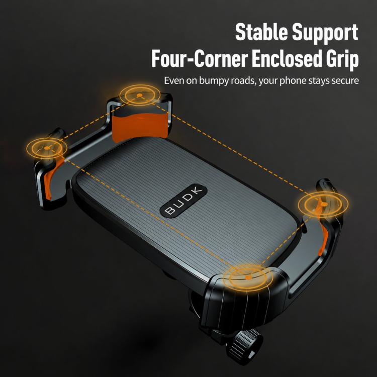 Phone holder mount with four-corner enclosed grip and orange side supports