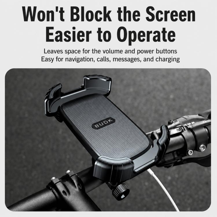 Black handlebar phone holder mount with screen-access opening and cradle