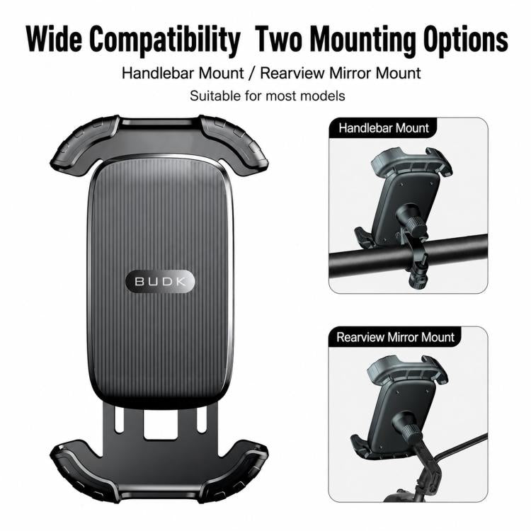 Retractable phone holder mount showing handlebar and rearview mirror attachment options