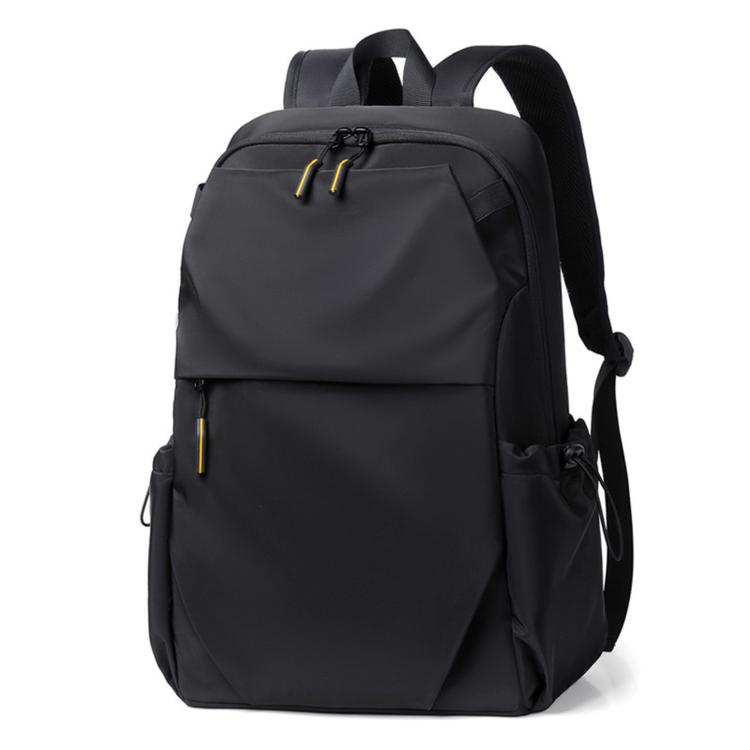 Slim black laptop backpack with front flap, zip pockets, and padded shoulder straps.