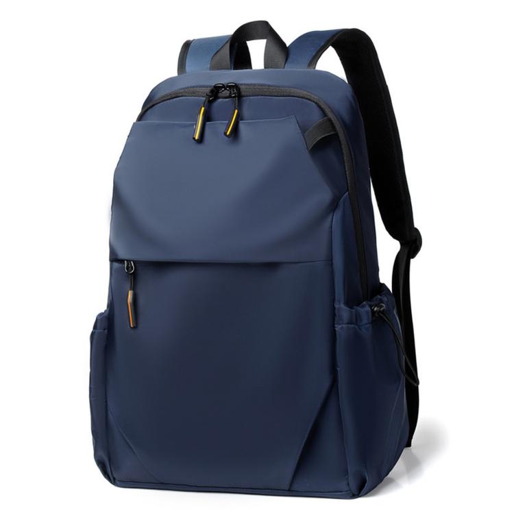 Slim blue laptop backpack with front flap, zip pockets, and padded shoulder straps.