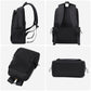 Black laptop backpack shown from multiple angles with top handle, straps, and side zips.