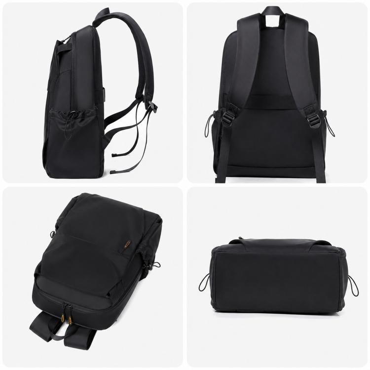 Black laptop backpack shown from multiple angles with top handle, straps, and side zips.