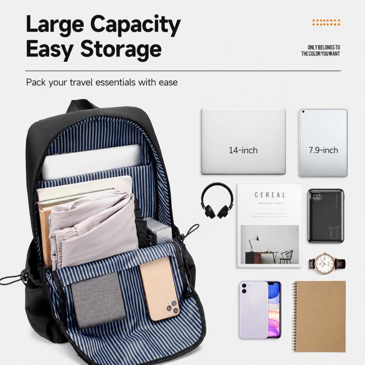 Black laptop backpack with open interior showing organizer pockets and tablet and phone storage.