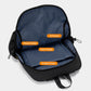 Blue-and-black striped laptop backpack interior pockets with divider, phone, and ID compartments.