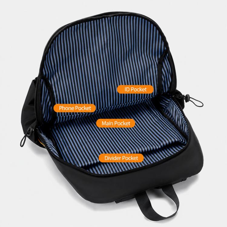 Blue-and-black striped laptop backpack interior pockets with divider, phone, and ID compartments.
