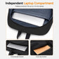 Blue striped laptop compartment with padded protection and zip front pocket details.