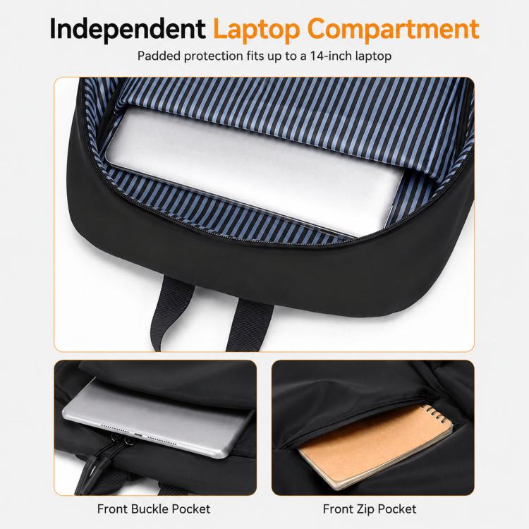 Blue striped laptop compartment with padded protection and zip front pocket details.