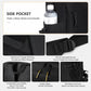 Black backpack side pocket with reinforced stitching and adjustable strap details.