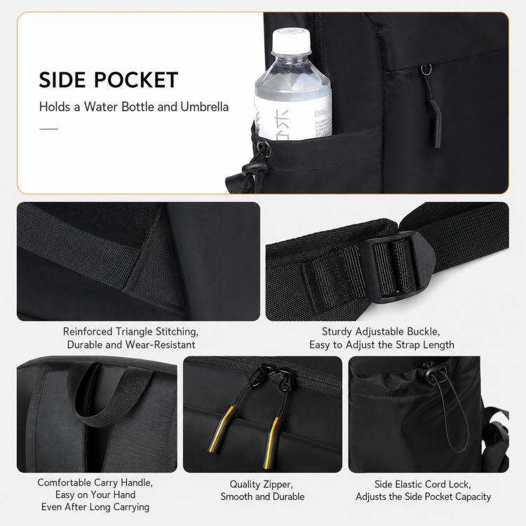 Black backpack side pocket with reinforced stitching and adjustable strap details.