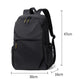 Black slim laptop backpack with size dimensions, two-tone zippers, and front storage pockets.