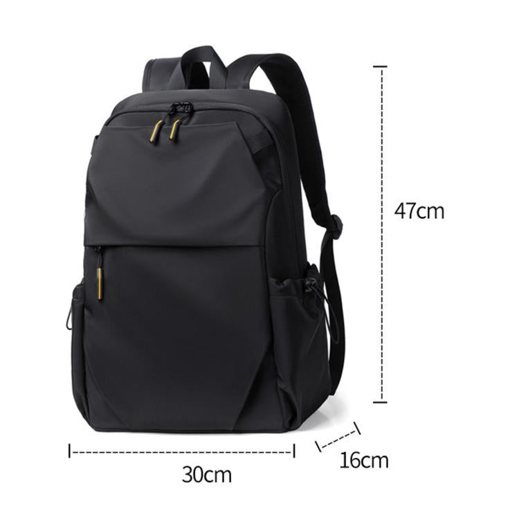 Black slim laptop backpack with size dimensions, two-tone zippers, and front storage pockets.