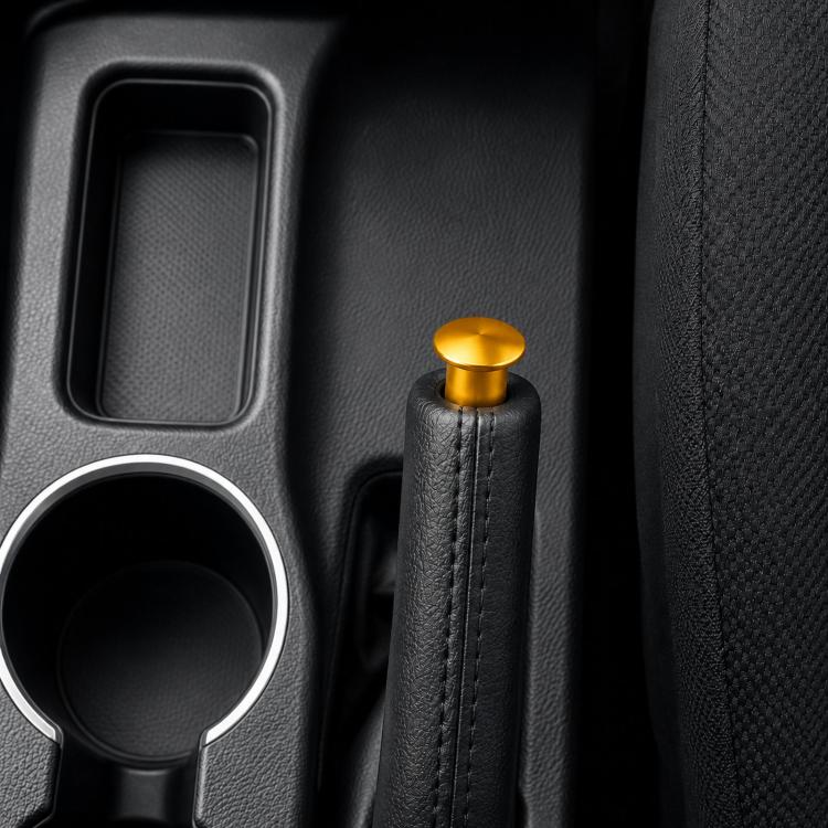 Aluminum alloy handbrake release button cover, gold cap with black leather-wrapped grip.