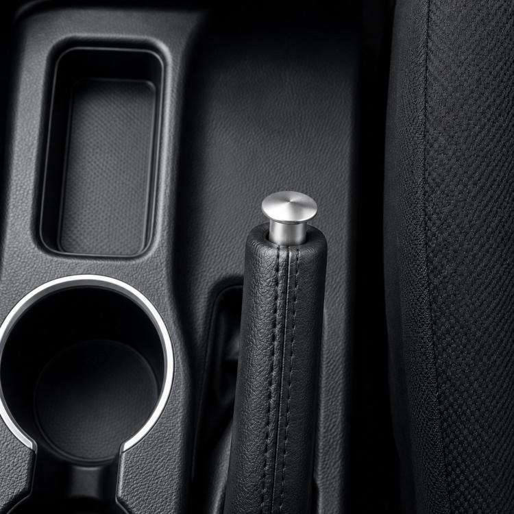 Aluminum alloy handbrake release button cover, silver cap with black leather-wrapped grip.