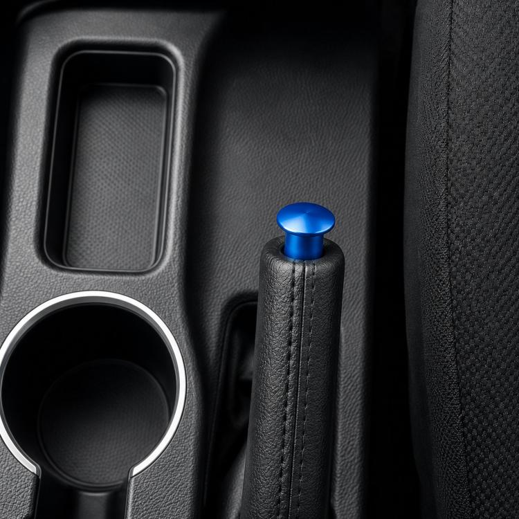 Aluminum alloy handbrake release button cover, blue cap with black leather-wrapped grip.