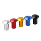 Aluminum alloy handbrake release button cover set in silver, red, gold, blue, and black.