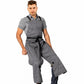Gray work apron with cross-back straps and split-leg design plus utility pockets.
