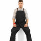 Black canvas split-leg work apron with cross-back straps and side utility pockets.