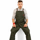 Army green canvas split-leg work apron with cross-back straps and utility pockets.