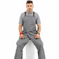 Gray utility work apron with adjustable straps and split-leg legs with pockets.