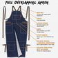 Denim split-leg apron with adjustable straps, leather patches, and utility pockets.