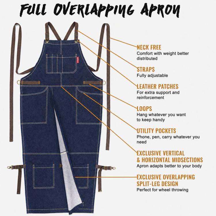 Denim split-leg apron with adjustable straps, leather patches, and utility pockets.