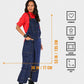 Denim split-leg work apron with front utility pockets and adjustable shoulder straps.