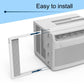 White window AC side panel kit sliding into place for insulation