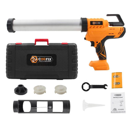 Portable caulk applicator gun kit with orange handle, gray tube, and accessory case