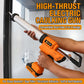 Orange and black caulking gun dispensing a smooth sealant bead along a wall edge