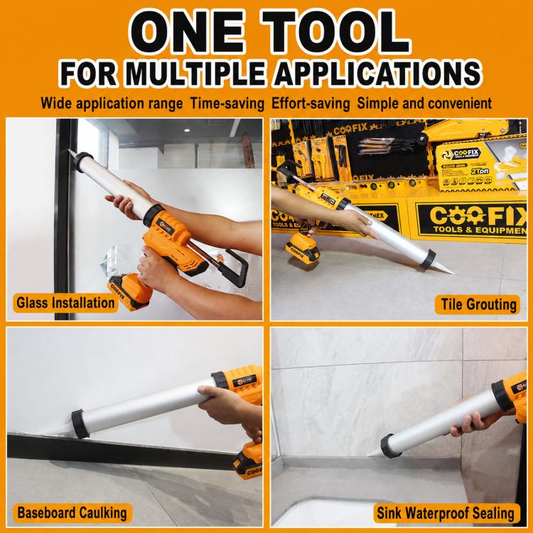 Caulking gun applying sealant on tile grout, baseboard, and sink edge