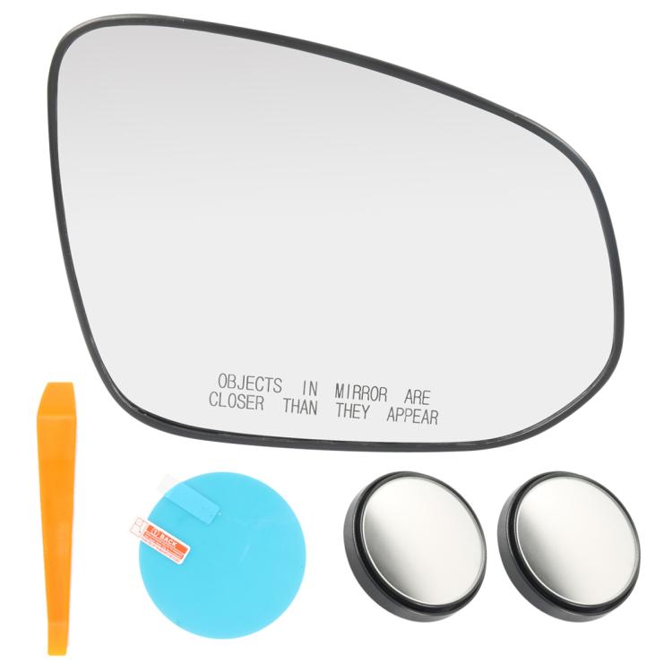 Heated mirror glass with black edge trim, clear lens and included mounting kit parts