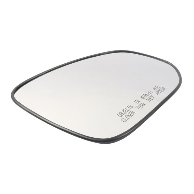 Heated mirror glass back side with printed warning text, black perimeter edge