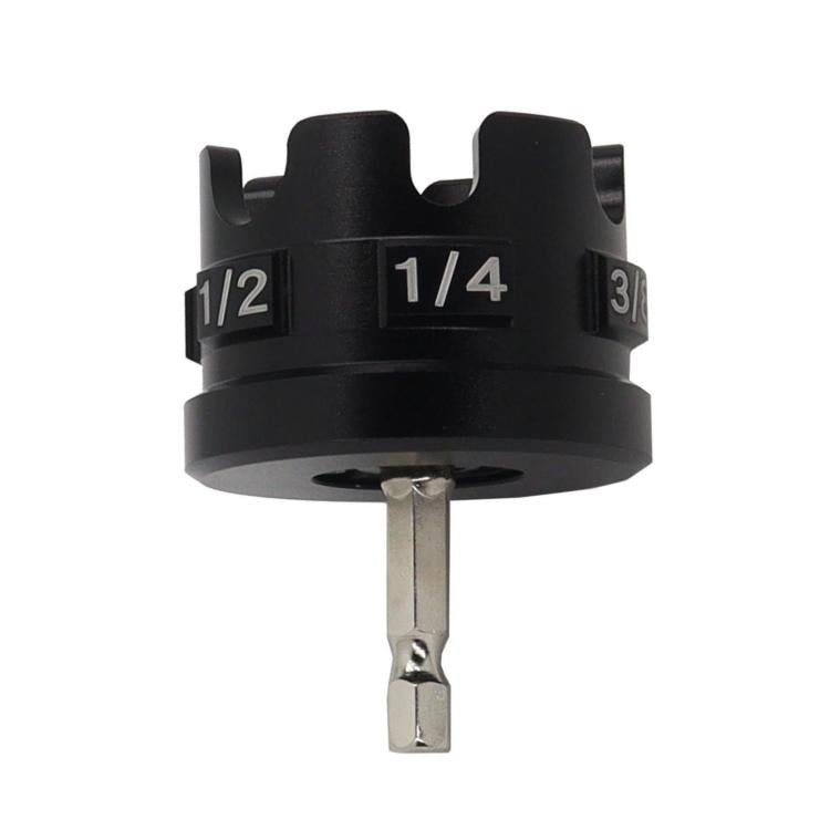 Black hex shank nut extractor drill bit adapter with 1/2, 1/4, 3/8 markings