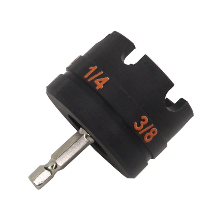 Black drill bit adapter with 1/4 and 3/8 markings and silver hex bit