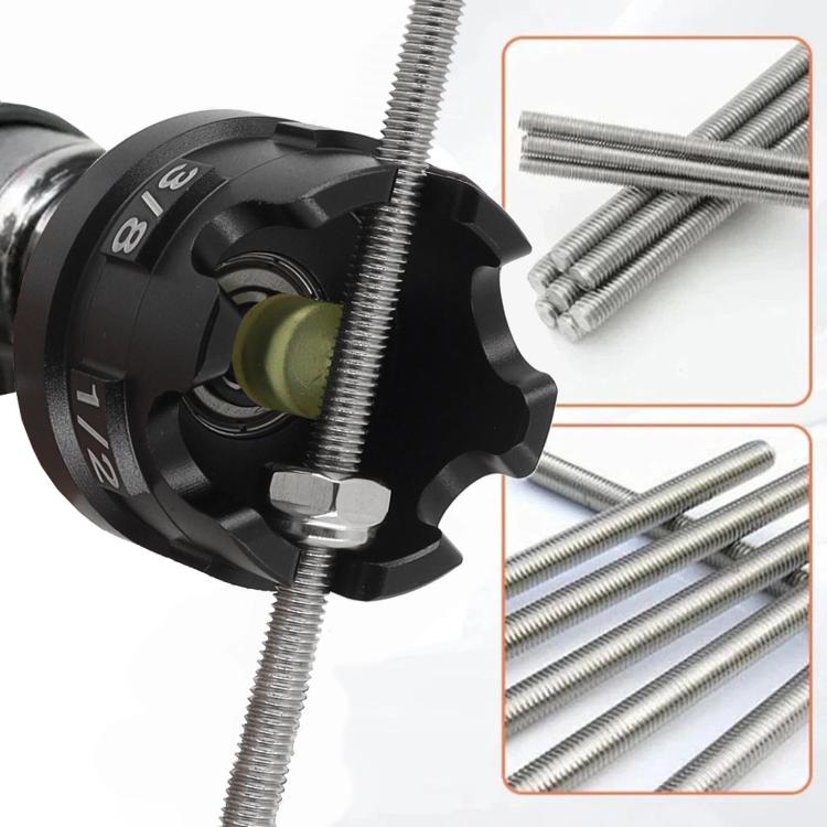 Black nut extractor drill bit adapter with hex shank, plus bolts set in inset