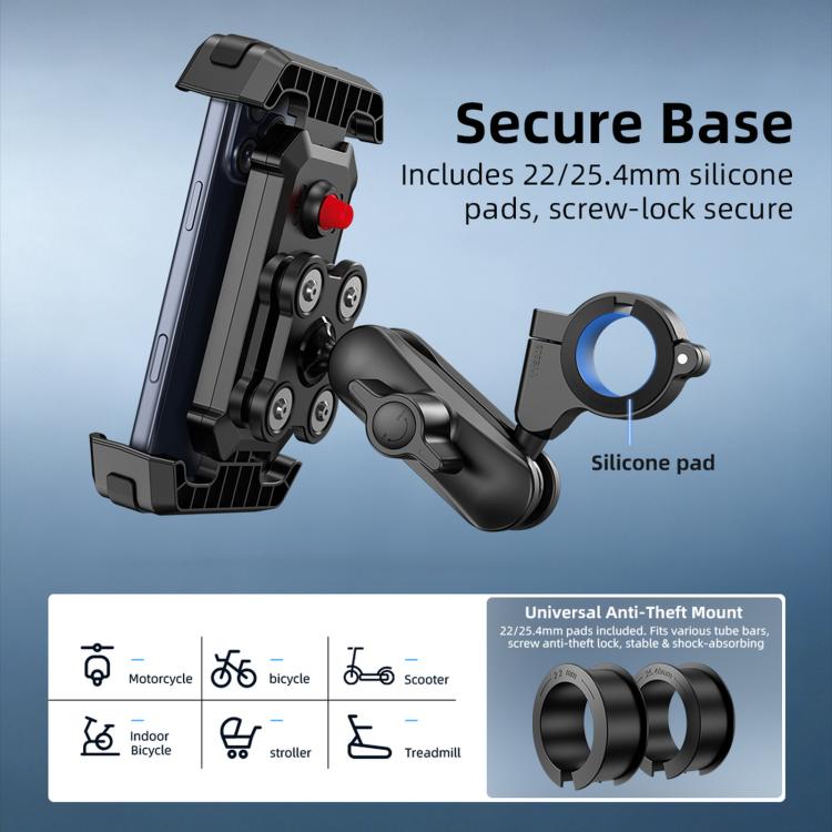 Secure base bike phone mount with silicone pads and screw-lock bracket, black