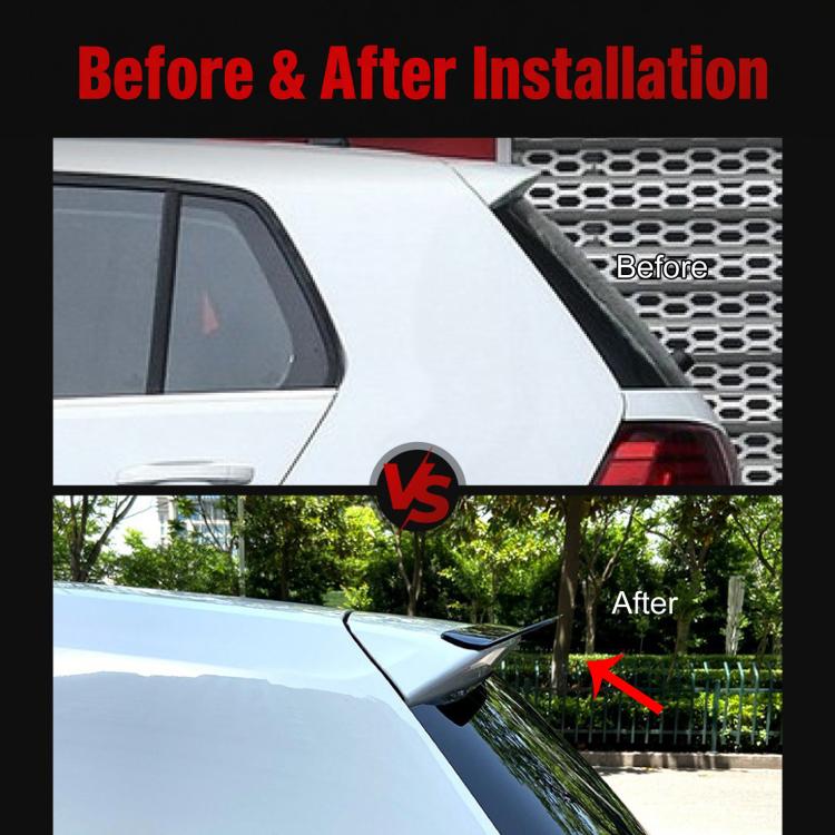 Rear roof spoiler installed on vehicle, dark black curved fin (before/after)