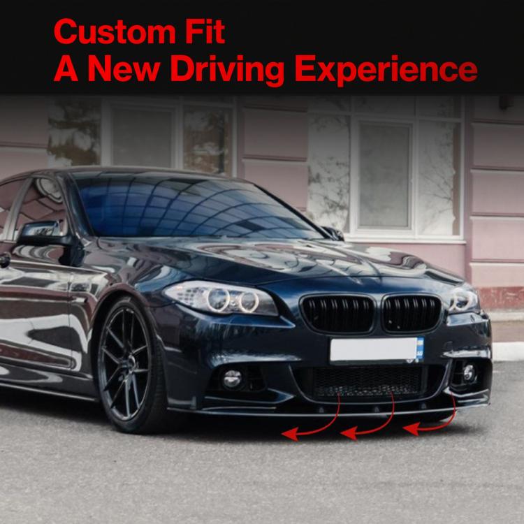 BMW front bumper lip and corner trim installed on black car, dark finish